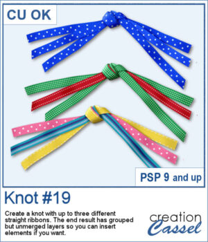 Three ribbon knot embellishments created with the Knot #19 PaintShop Pro script